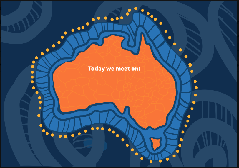 Indigenous-style graphic of Australia with text reading "Today we meet on:" centered on the map.