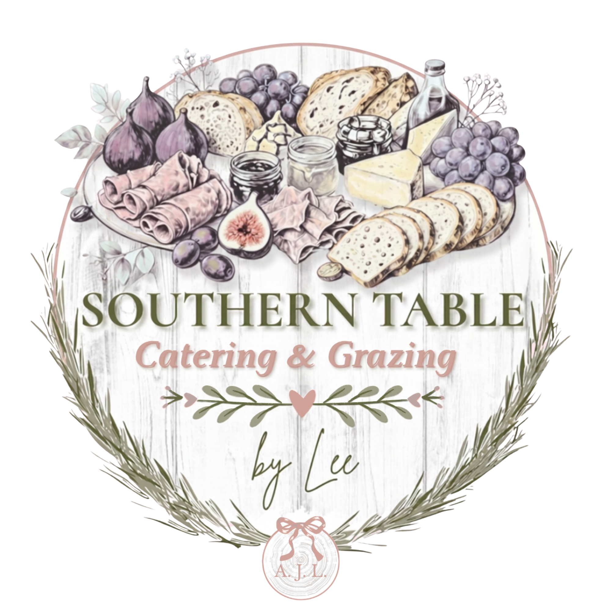 Artistic illustration of a cheese and fruit platter, including grapes, figs, and sliced baguette, surrounded by decorative leaves and tied with a bow at the bottom.