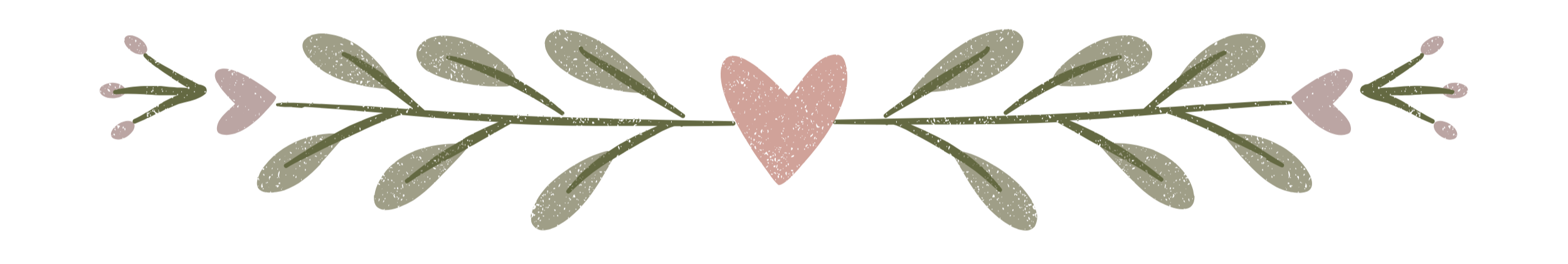 A pink heart at the center of a stylized green vine or plant design.