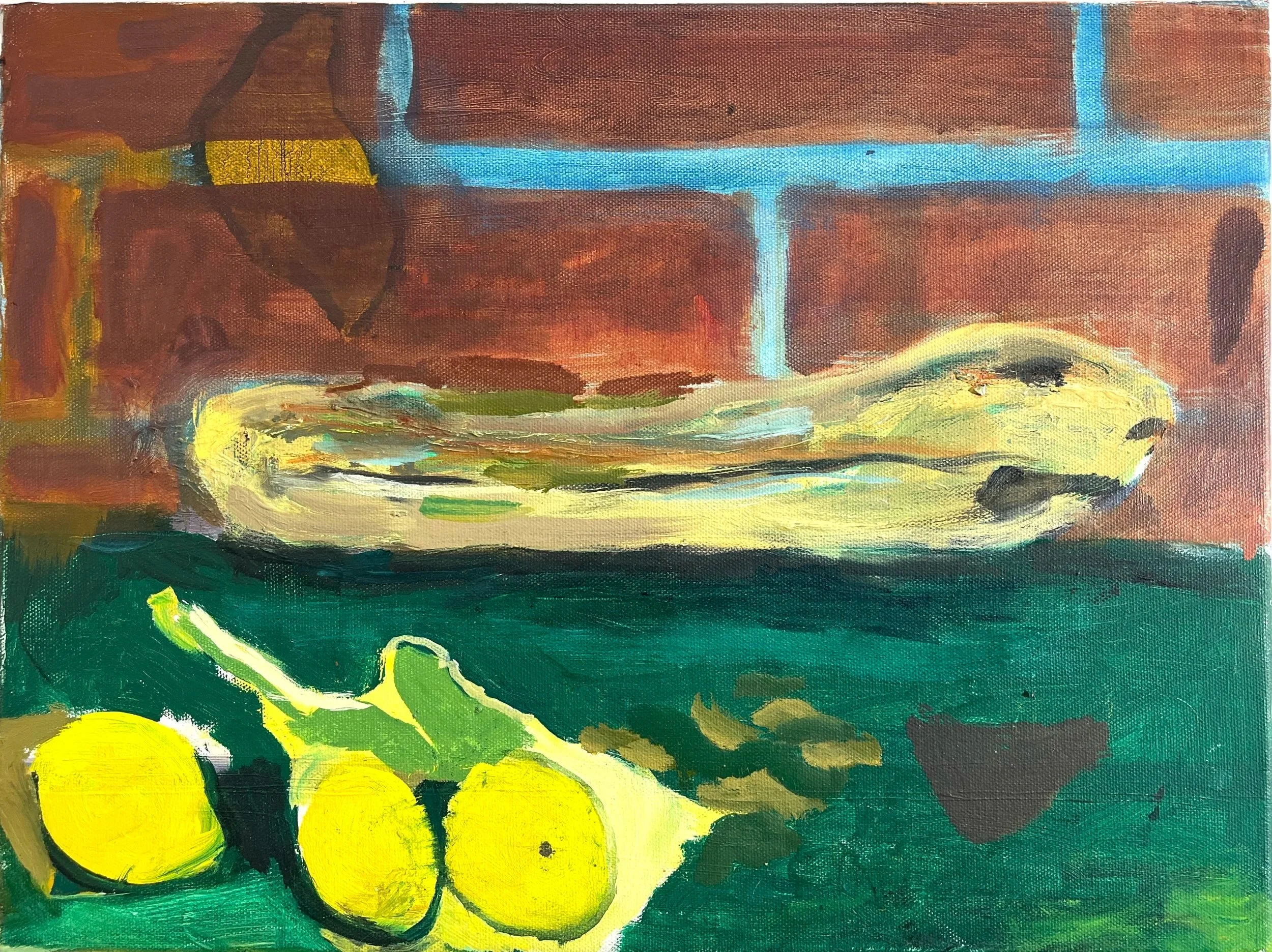 Lemons with Anthropomorphic Driftwood, 12 x 16", o/c, 2025
