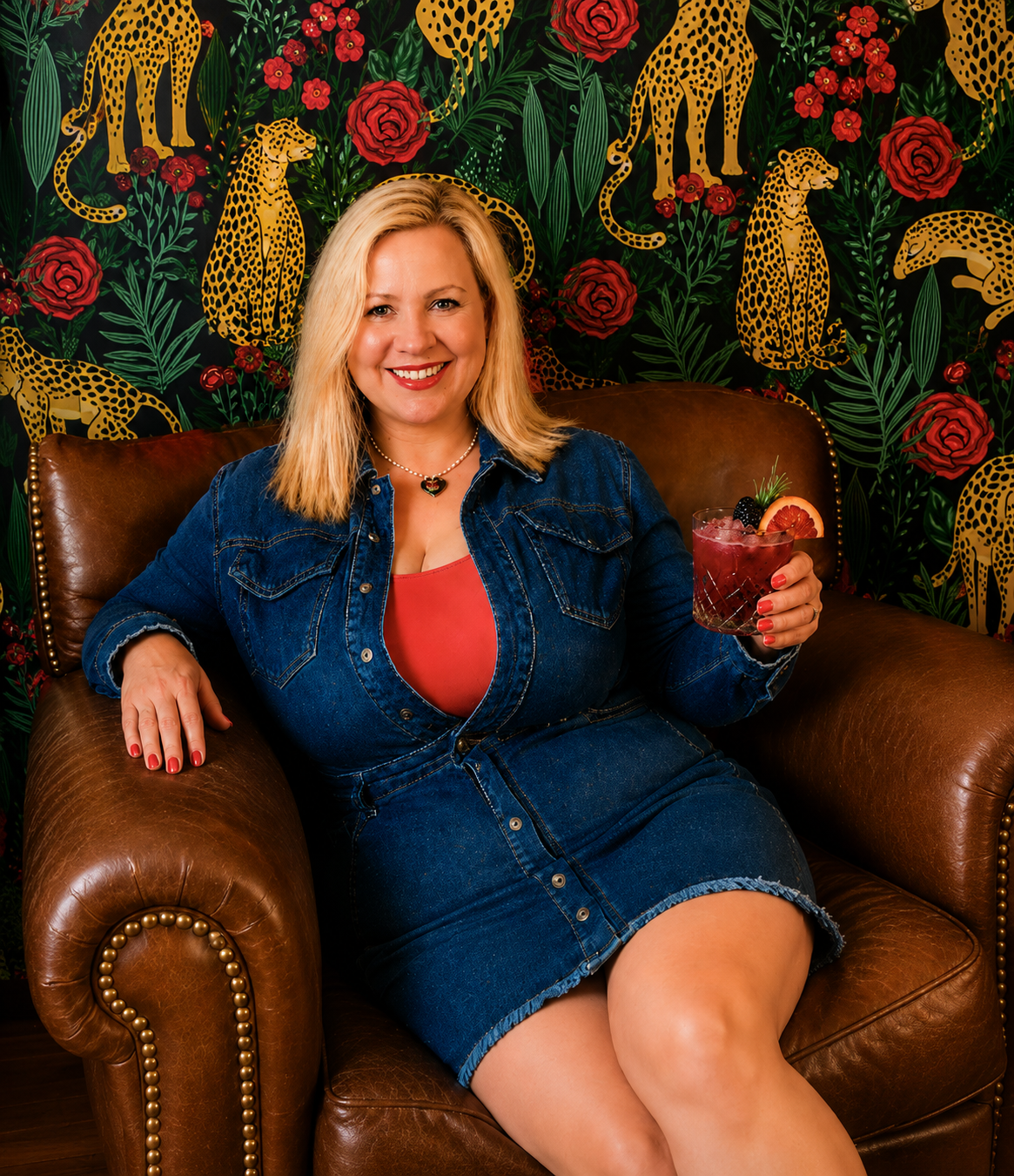 Walls With Accent founder sitting in a brown leather chair in front of a vibrant jungle-themed accent wall with leopards and red flowers.