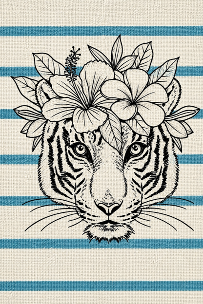 Line drawing of a tiger's face with a floral crown of hibiscus and other flowers, over blue and white horizontal striped background.