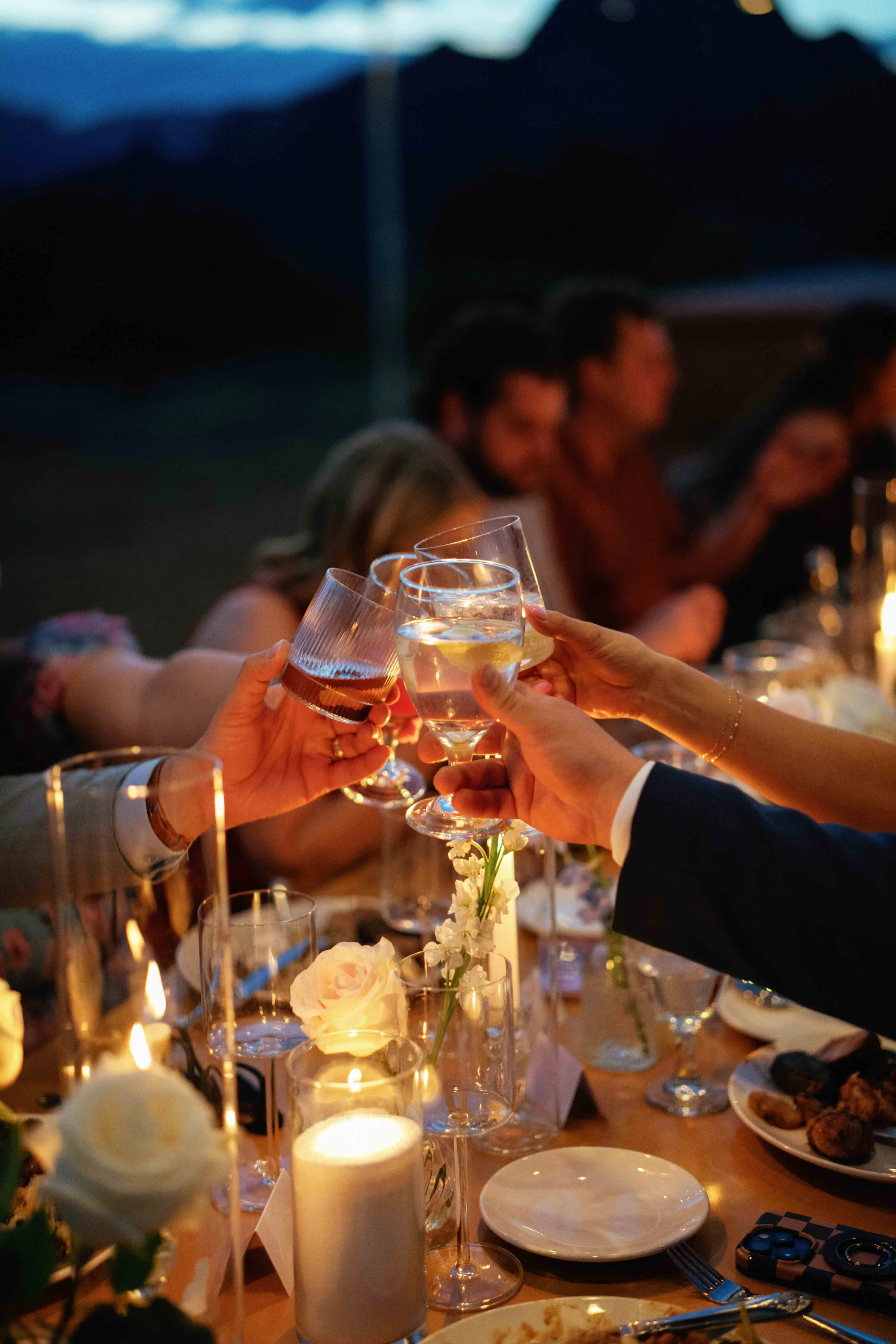 People raising glasses of white wine and red wine in a toast at a dinner party, with a decorated table featuring candles, flowers, and plates of food, during evening time.