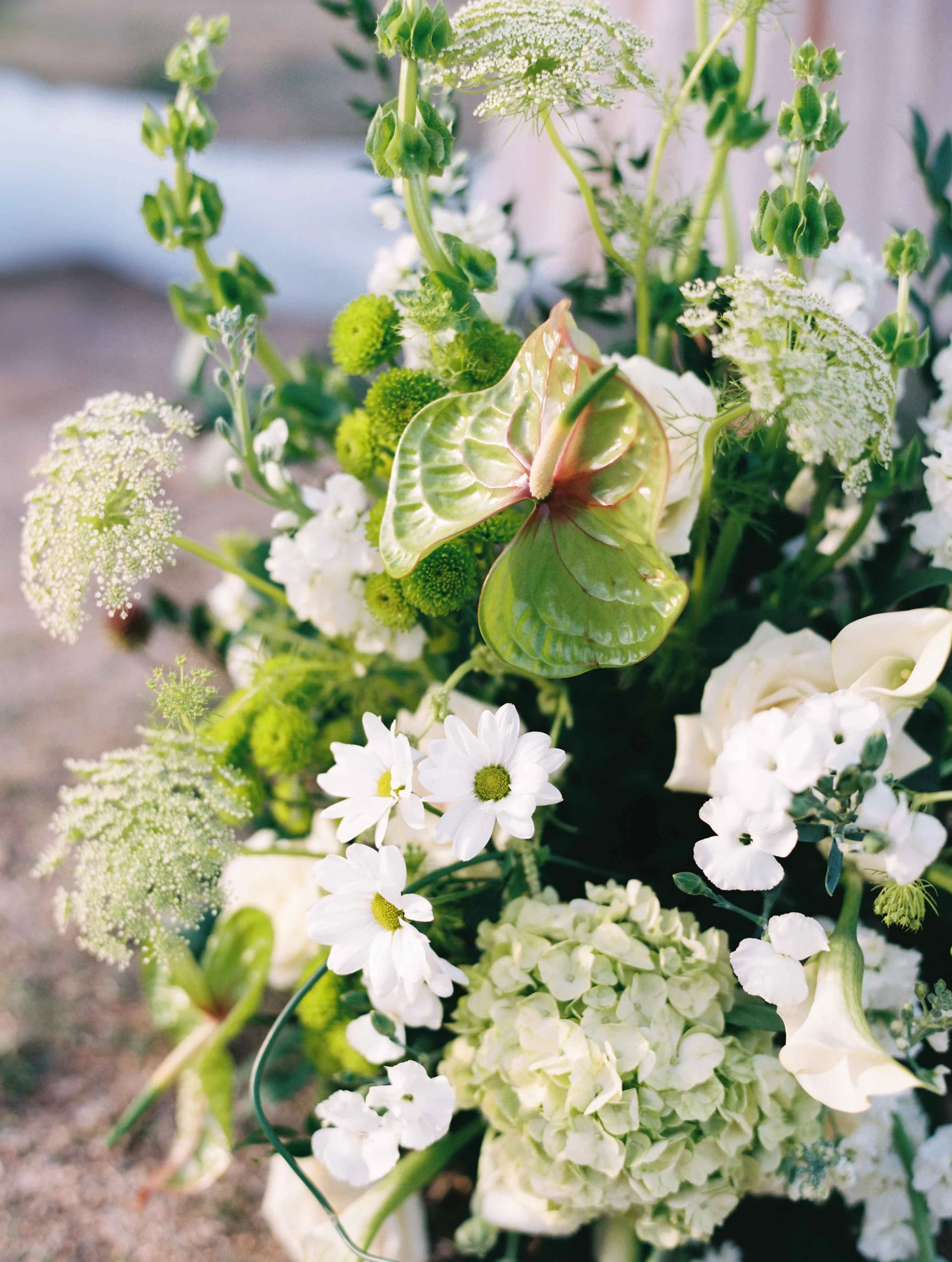 Close-up of a floral arrangement with white daisies, green hydrangeas, and other greenery.