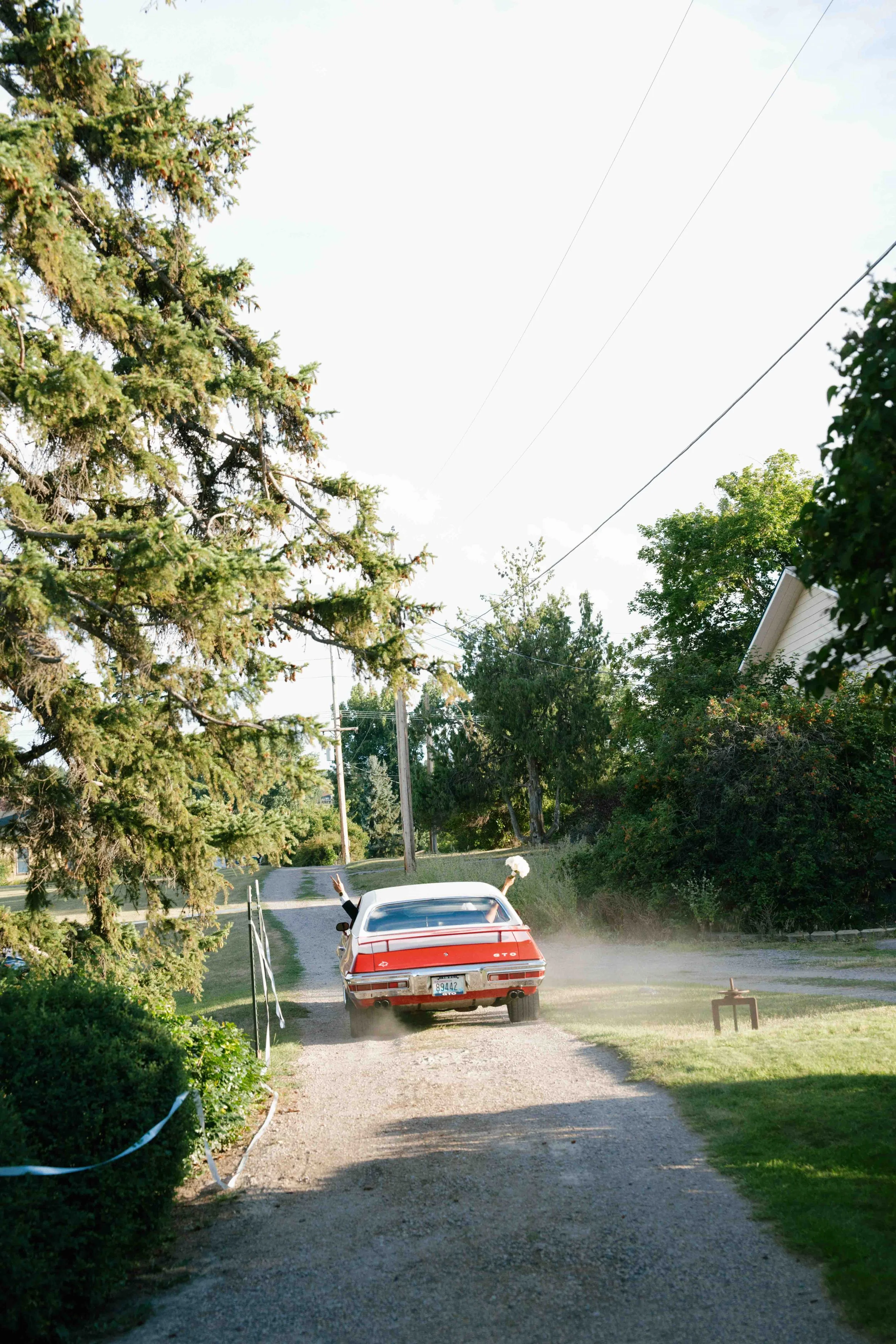 A red vintage car with a license plate 89442 driving on a dirt driveway in a suburban neighborhood, with a person leaning out of the window holding a bouquet of flowers and making a peace sign, surrounded by greenery and trees, with a partly cloudy s