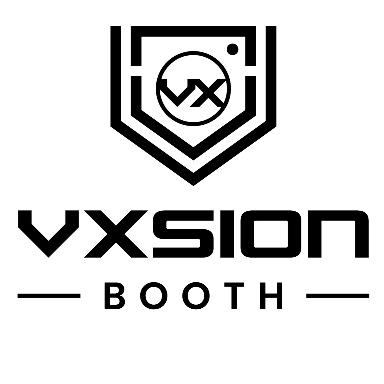 Black background with a white outlined logo consisting of a shield and a circular emblem with a zigzag pattern inside. Below the logo, the text reads "VXSON" in stylized uppercase letters, and underneath, the words "BOOTH" are displayed in smaller uppercase letters, also in white.