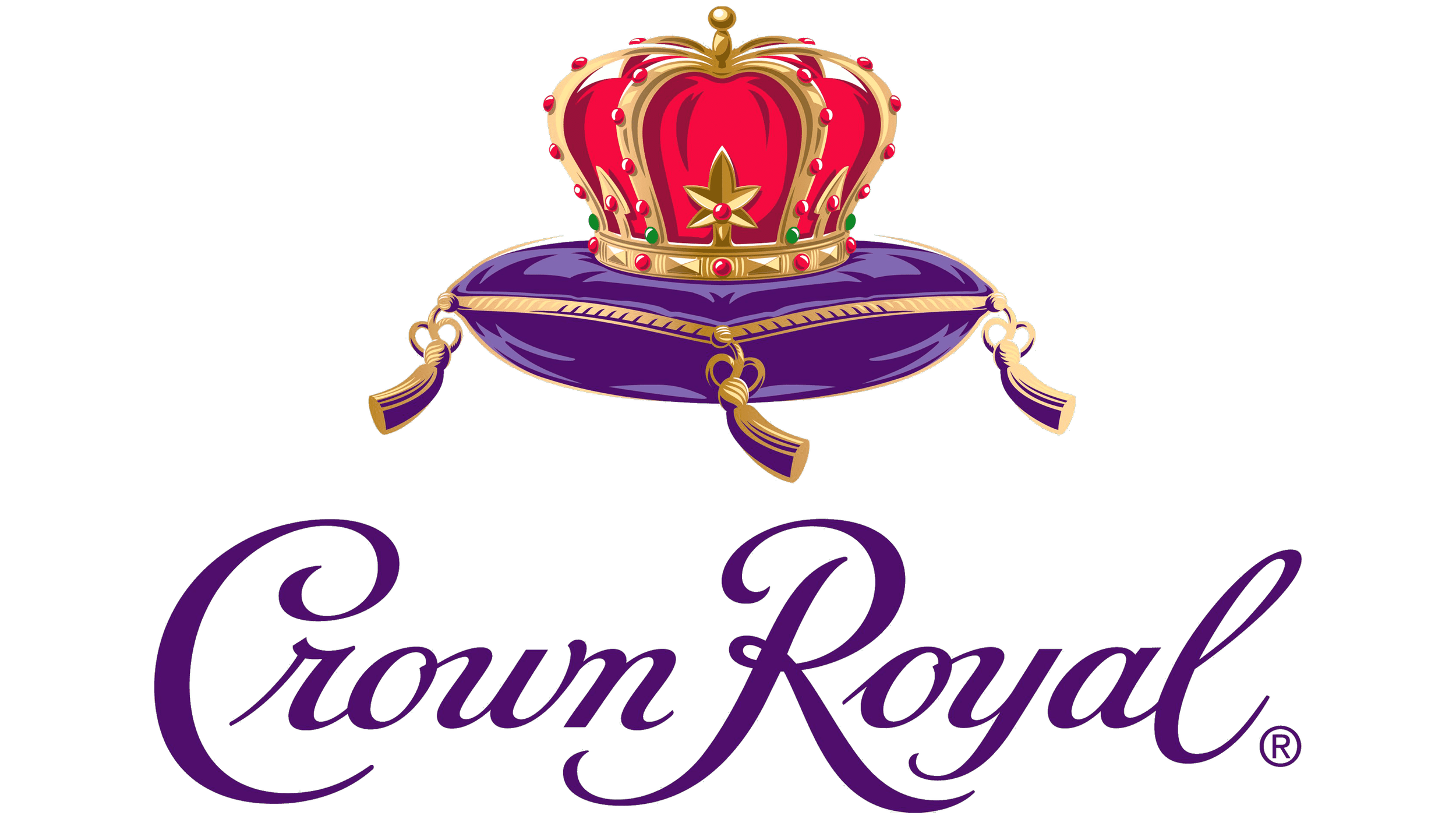 A crown with red and gold details atop a purple pillow, surrounded by a decorative gold and green trim, above the purple cursive text 'Glamourous Crown Royal'.