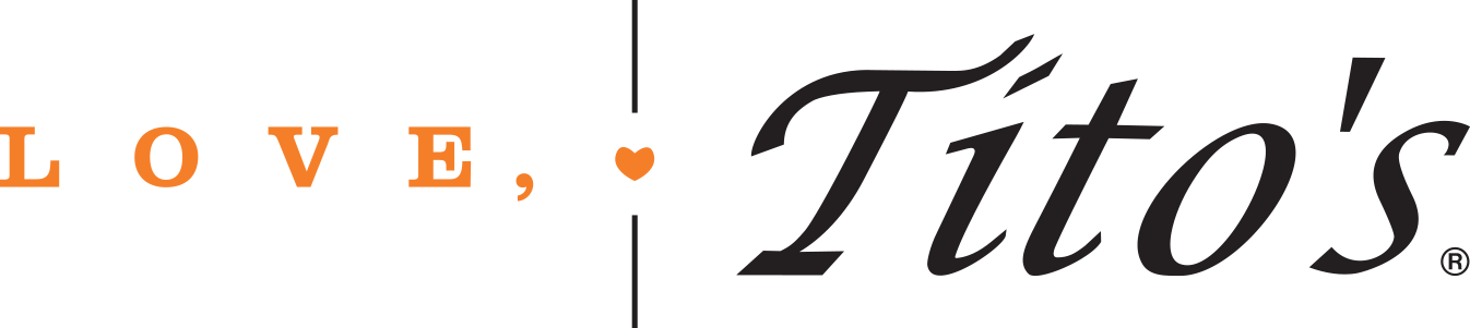 Love, Tito's logo with orange and black text and a small orange heart.