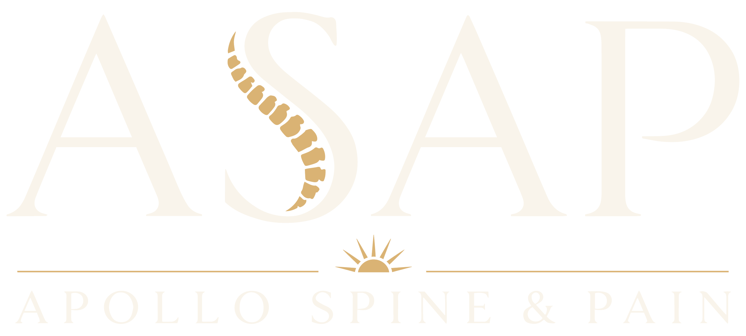 Logo for Apollo Spine & Pain featuring the letters A, S, P, with a stylized spine shape, a sun symbol, and the company name.