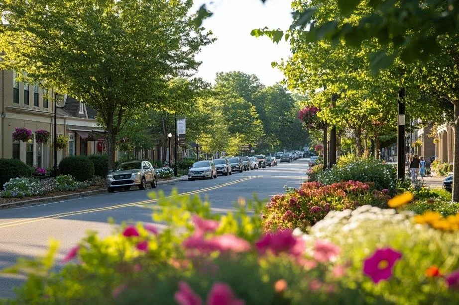 A charming downtown street lined with trees, parked cars, and colorful flowers in bloom during the daytime.