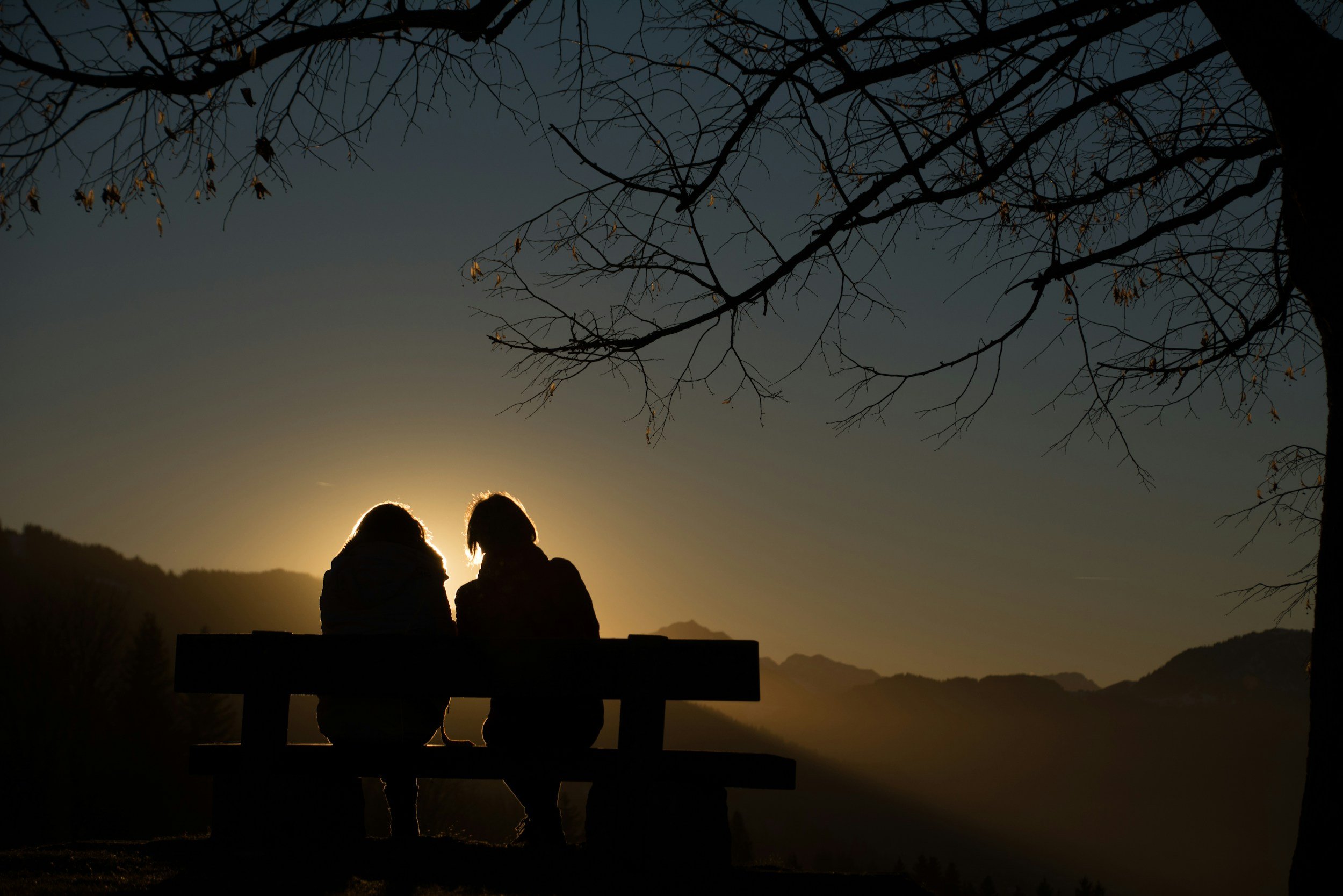Two people sitting on a bench outdoors during sunset, silhouetted against the sky with a mountain in the background and a leafless tree overhead.