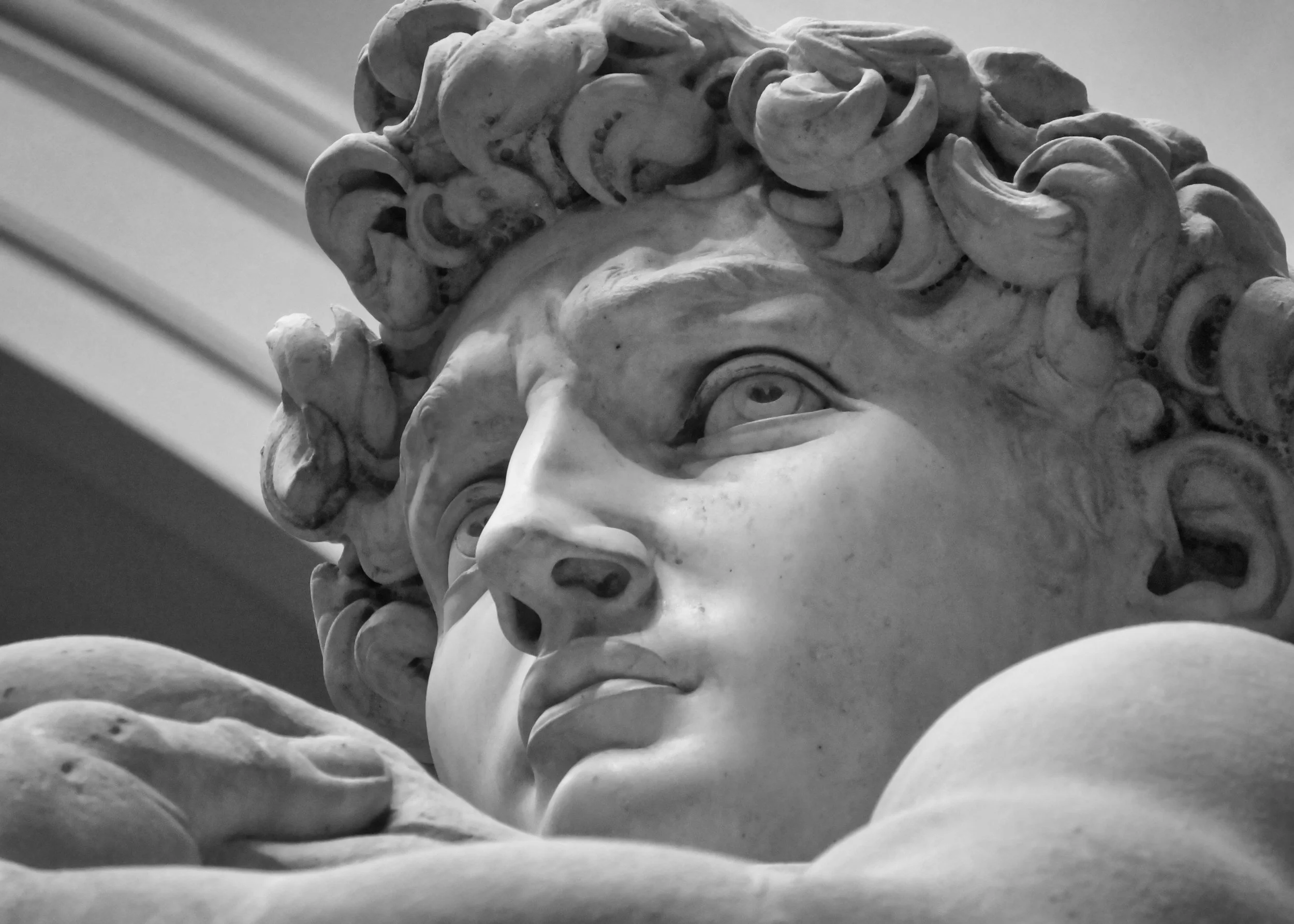 Close-up black and white photograph of a carved marble sculpture of a man's face with a beard and curly hair.