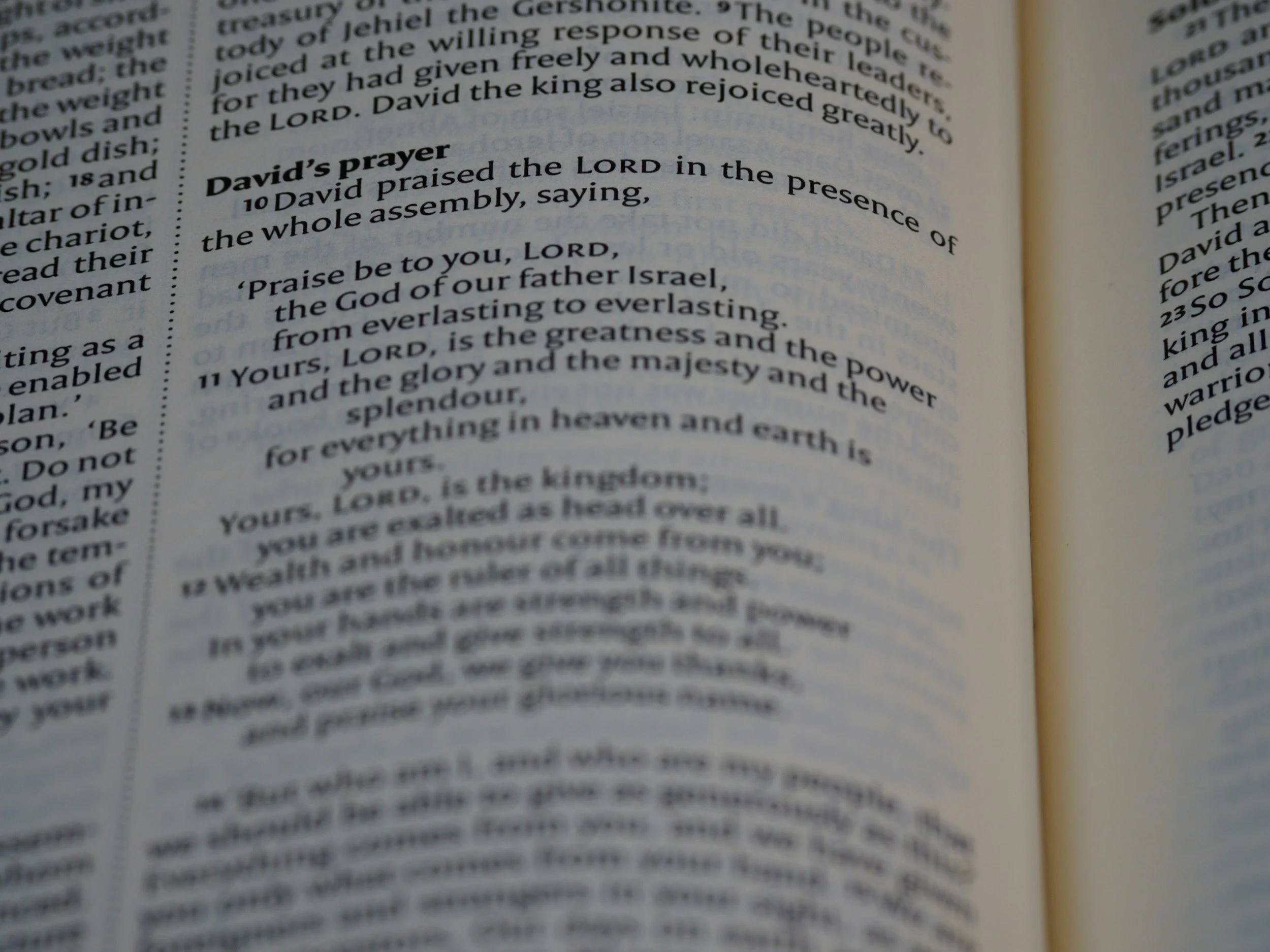A close-up photograph of a Bible page, featuring the text of David's prayer from the Book of Psalms, with the heading 'David's prayer' in bold.