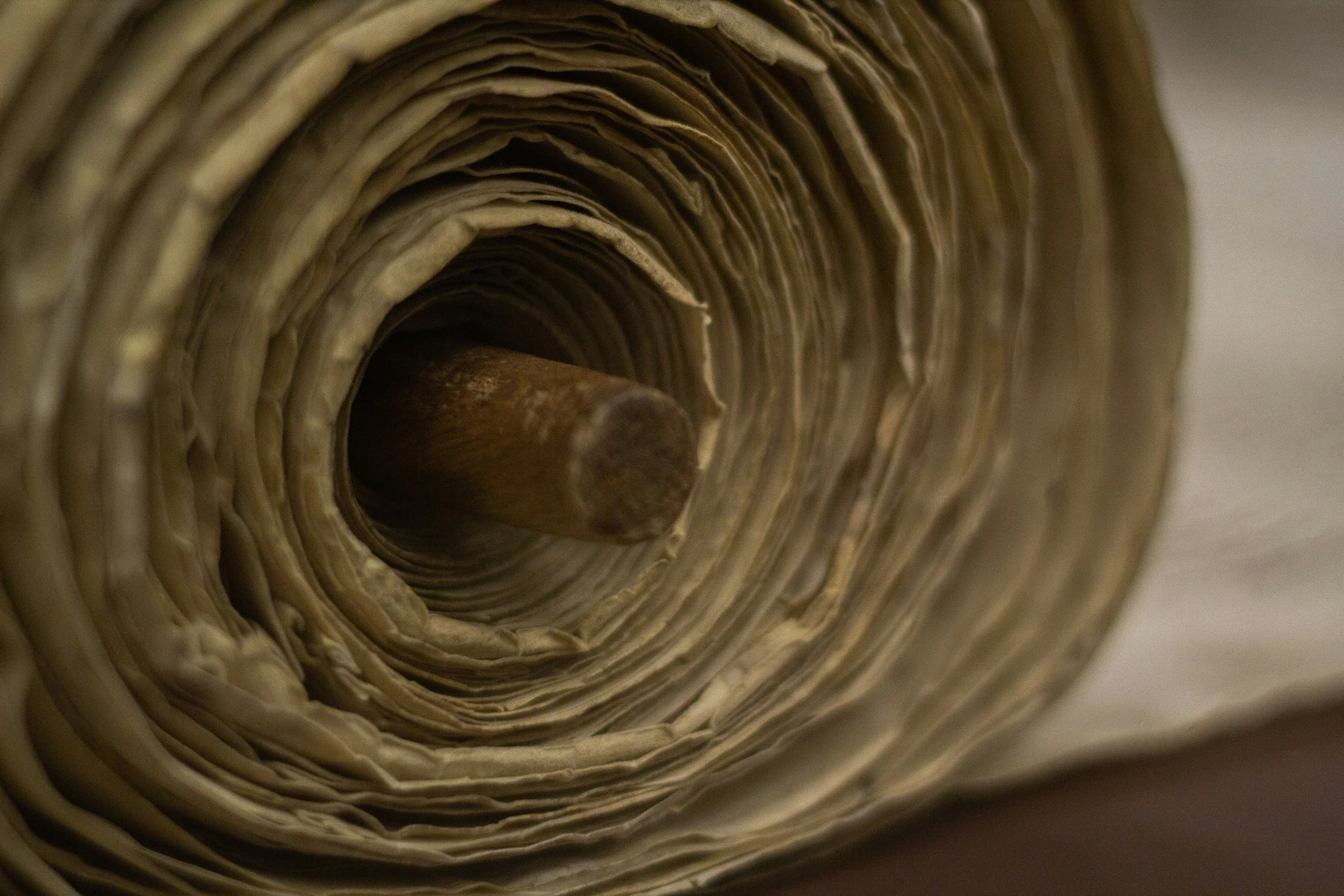 Close-up view of the inside of a rolled-up newspaper or paper scroll, showing layered pages in brownish color.