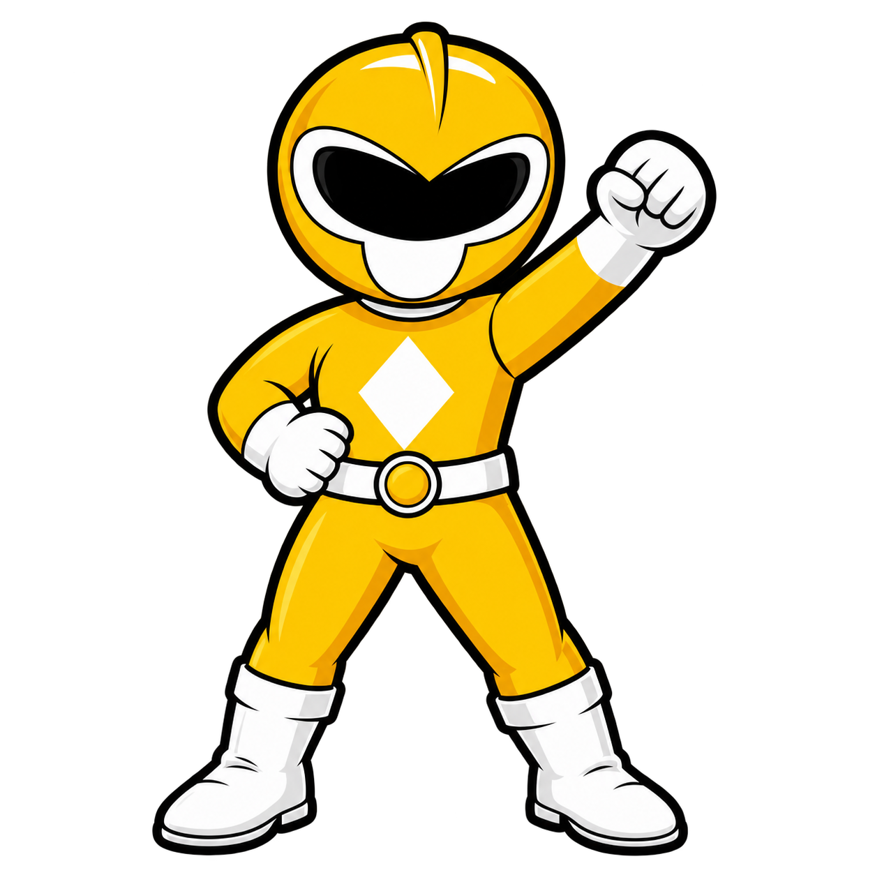 A cartoon character dressed as a superhero in a yellow suit with a white diamond emblem on the chest, white gloves and boots, with a white belt, raising a fist in victory.