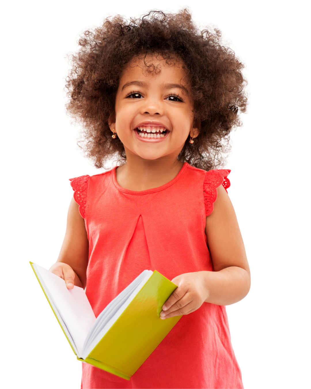 Smiling young girl with curly hair holding an open yellow book, wearing a red dress with lace details on the shoulders.