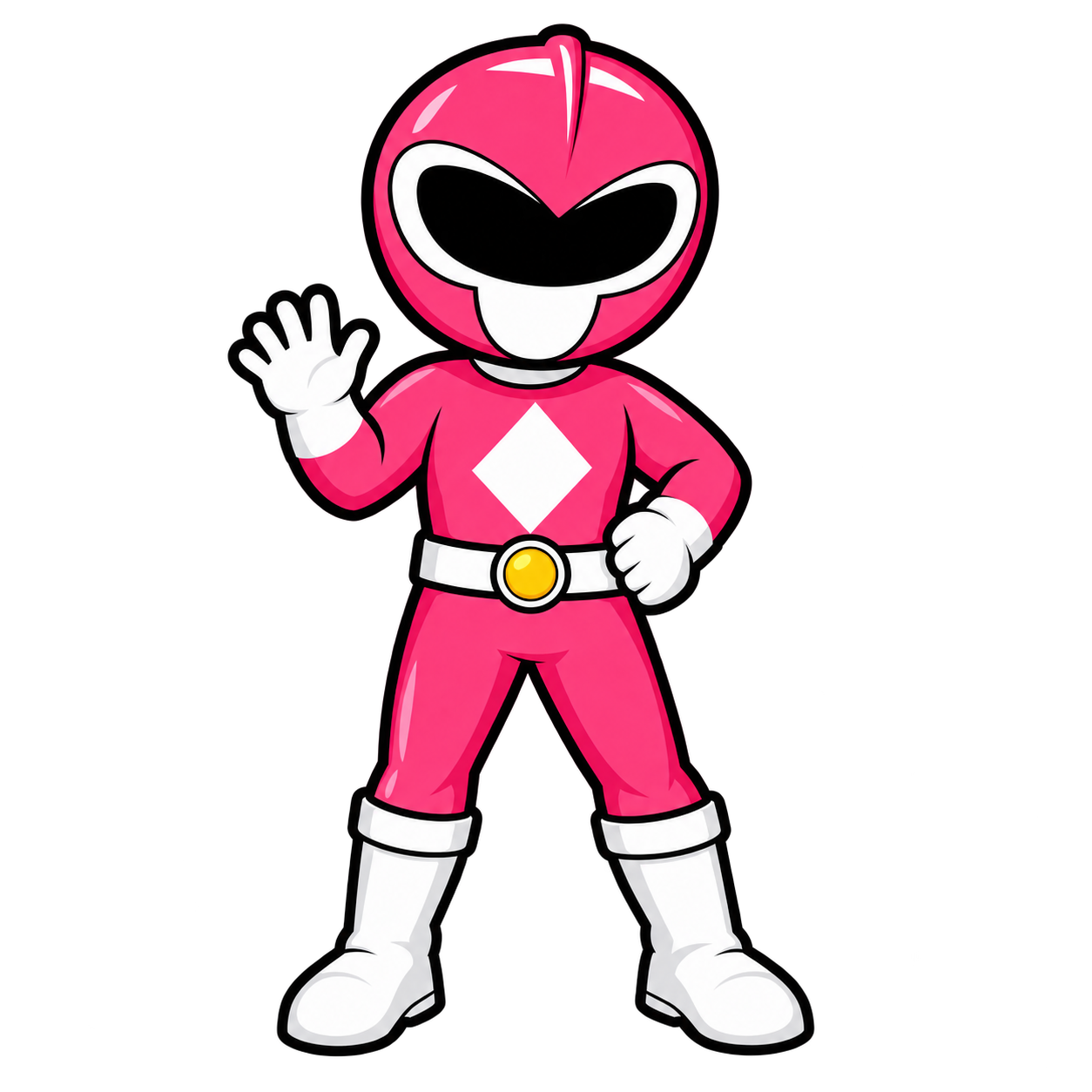 A cartoon character dressed as a pink power ranger with a white diamond emblem on the chest, white gloves, and boots, waving and smiling.