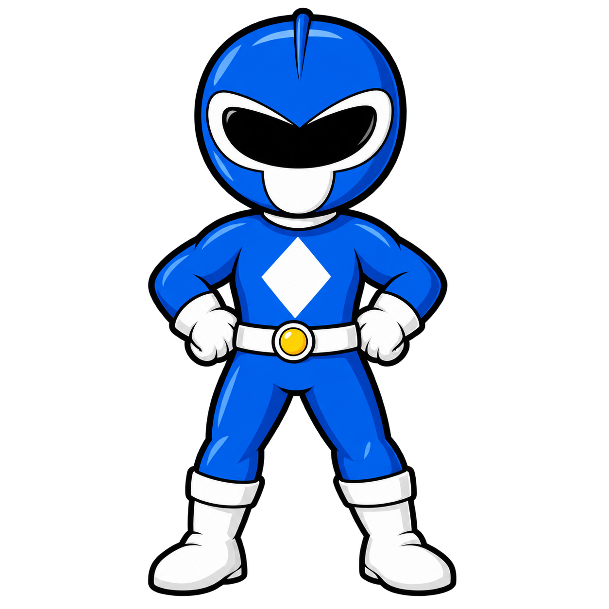 A cartoon character in a blue superhero costume with a white diamond symbol on the chest, white gloves, boots, and a yellow belt, standing with hands on hips and smiling.