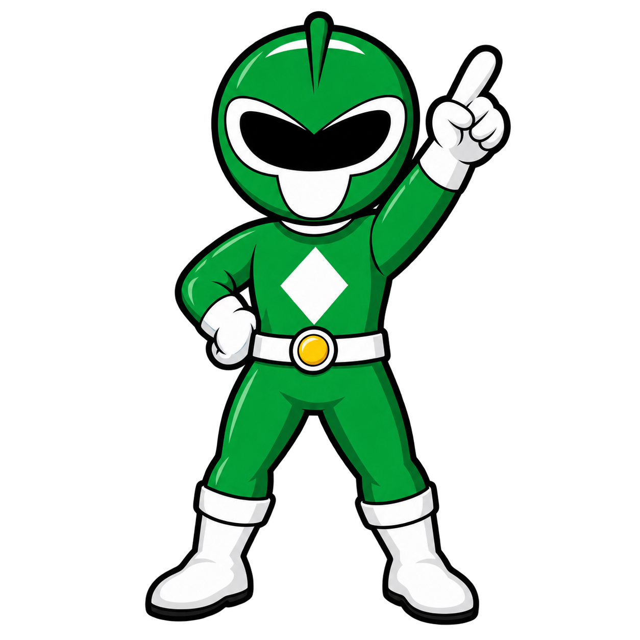 Cartoon superhero character in a green costume with a white diamond emblem, wearing white boots and gloves, pointing upward with one hand.