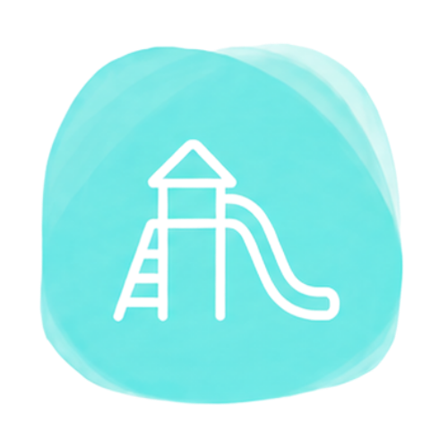 A simple line drawing of a playground slide with a ladder and a small roof, set against a light blue background.