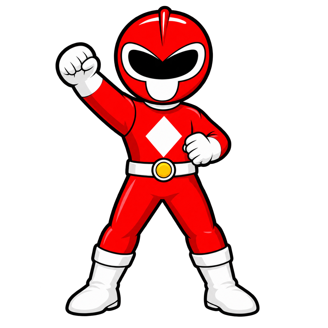 A cartoon character dressed as the Red Ranger from Power Rangers, wearing a red suit with a white diamond emblem on the chest, white gloves, and boots, with a helmet featuring a black visor and a red fin on top, standing with one fist raised