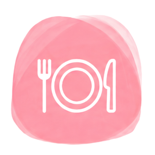 A pink plate with a white outline of a fork, plate, and knife in the center, resembling a place setting.
