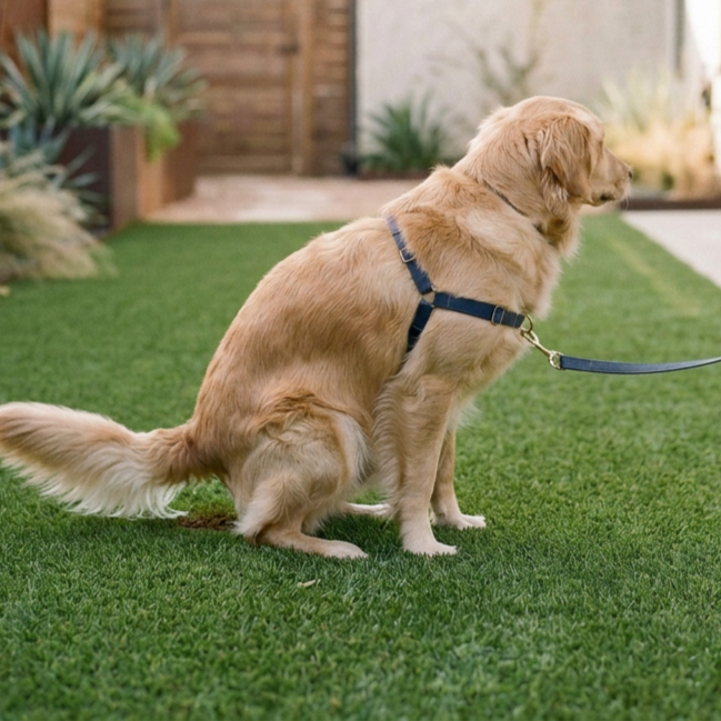 Golden retriever dog sitting on a grass lawn with a leash attached, looking away to the right.