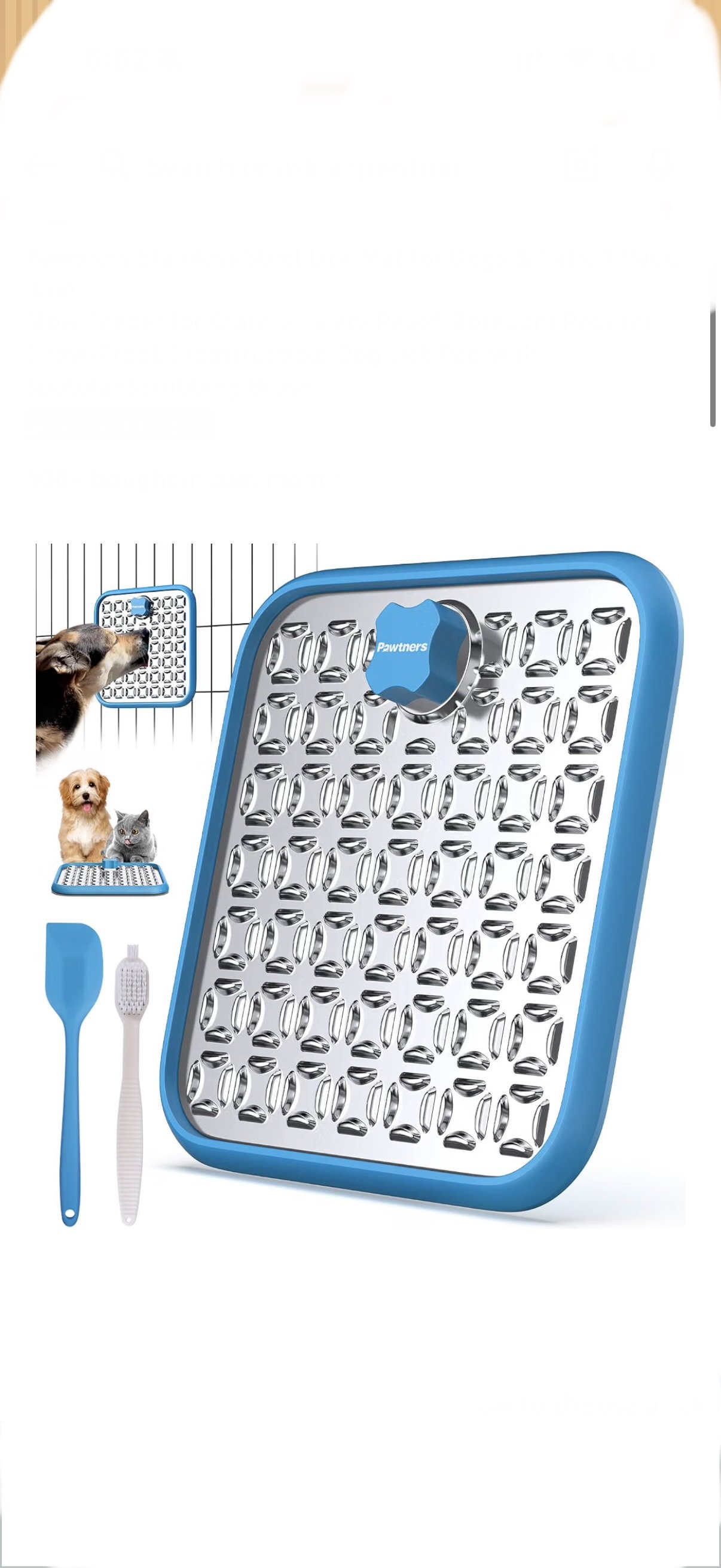 Pet grooming tool with a metal comb, a cleaning brush, a spatula, and a paw print-shaped grooming pad, in blue and silver colors