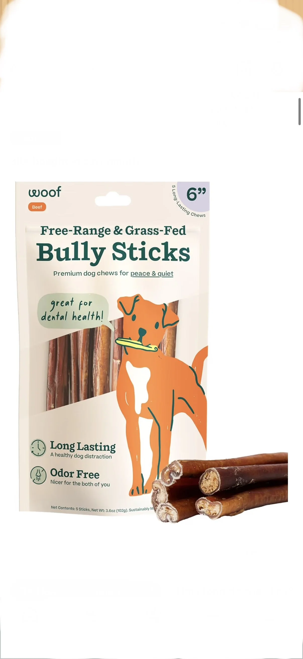 Package of Woof Bully Sticks, 6-inch dog chews for chewing, featuring an orange dog illustration with a twig in its mouth, and real bully sticks at the bottom.
