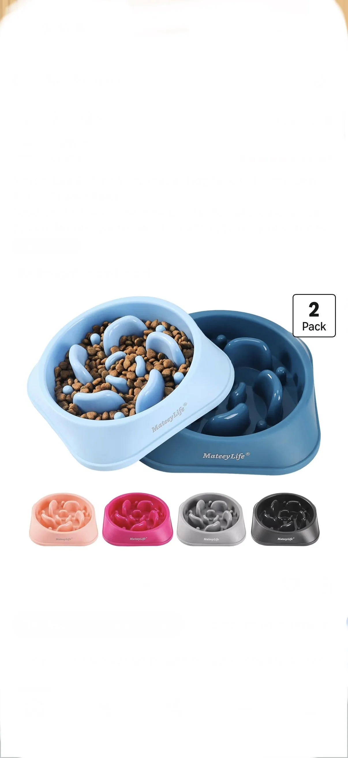 Two pet food bowls, one filled with dry pet food and water, with four additional empty bowls in pink, red, gray, and black colors underneath.