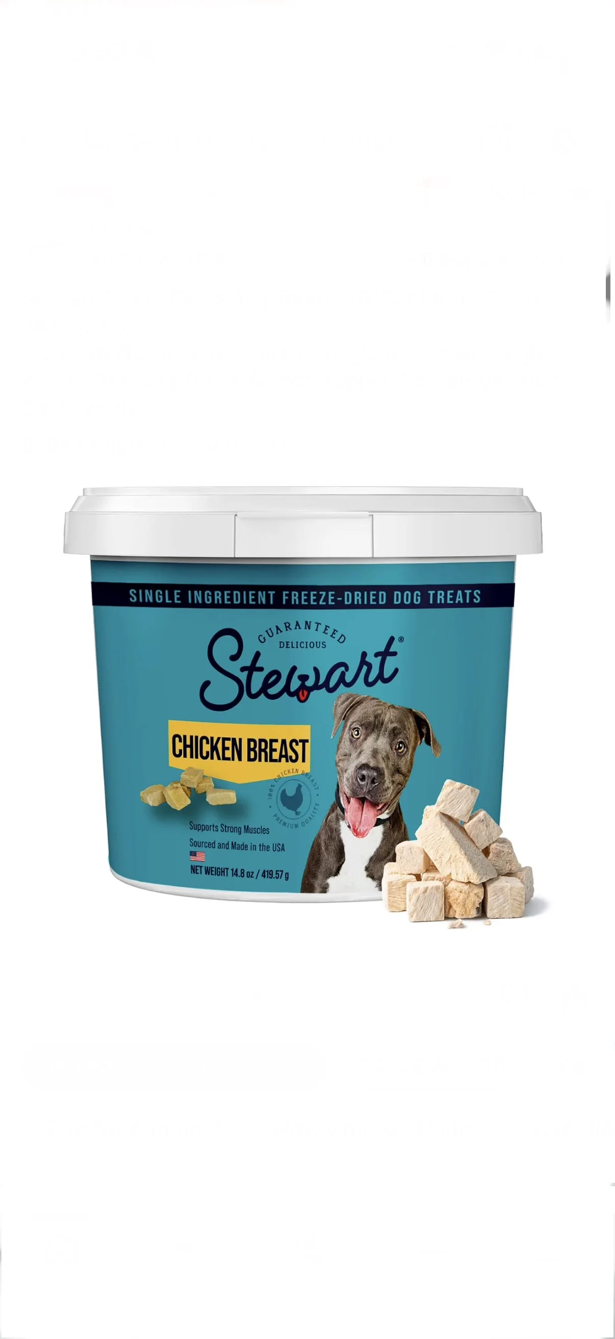 A container of Stewart dog treats labeled 'Chicken Breast' with a picture of a dog and chicken treats next to it.