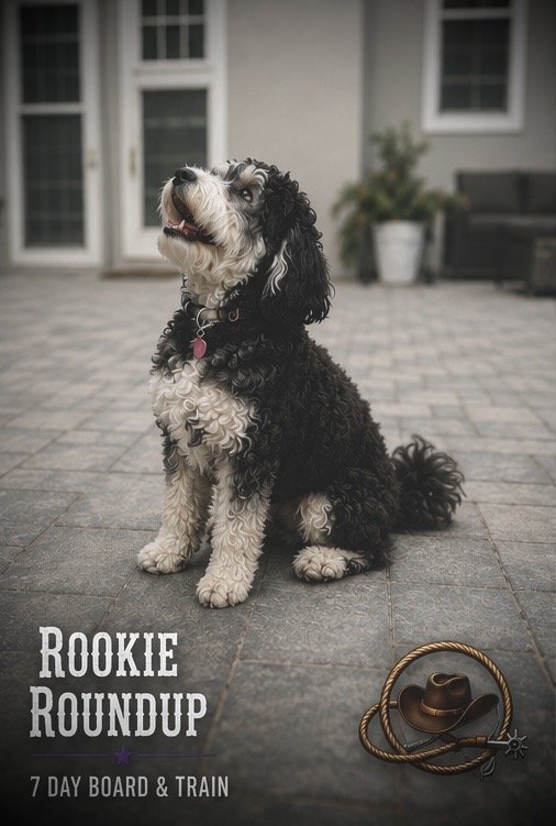 A black and white curly-haired dog sitting on a brick patio in front of a house with potted plants. The image includes text that says "Rookie Roundup, 7 Day Board & Train" and a cowboy hat with a lasso around it.