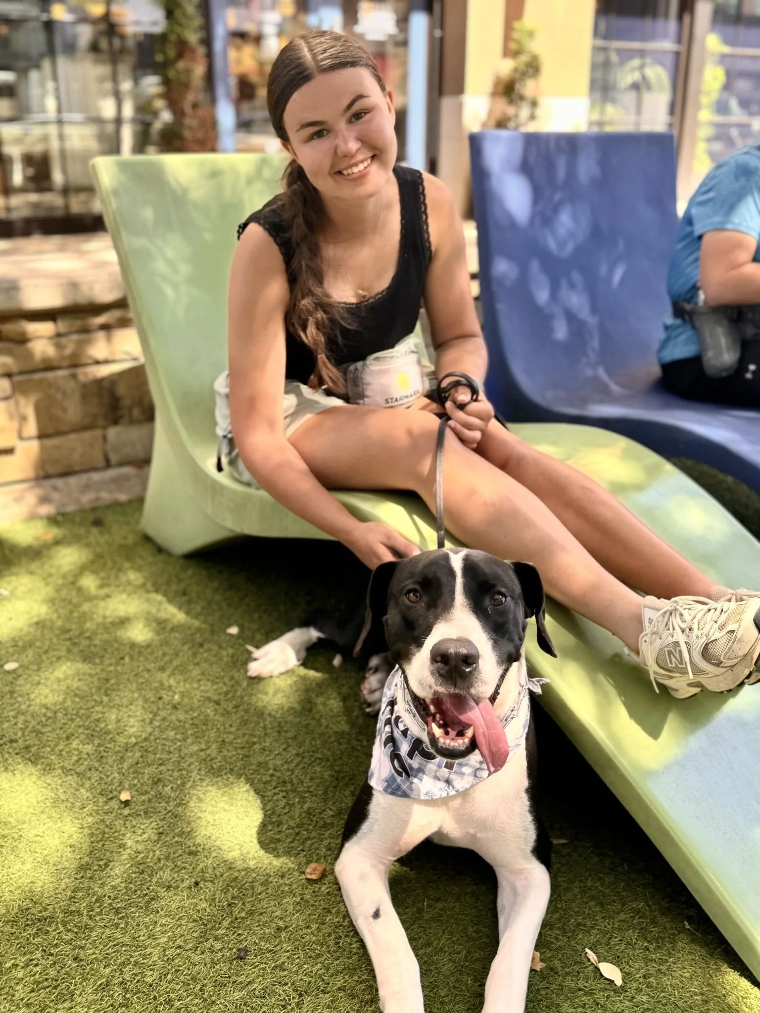 A young woman with brown hair in a braid, wearing a black sleeveless top, gray shorts, and beige sneakers, sitting on a green and blue plastic bench with a puppy nearby. The puppy is black and white, sitting on a fake grass surface, with tongue out, wearing a bandana. The setting appears to be indoors or a cafe with large windows in the background.