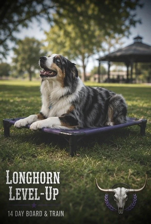 A cute Australian Shepherd dog is lying on a raised platform in a park with green grass and trees in the background. The dog has a tricolor coat, blue eyes, and is looking upward with a happy expression. There is a gazebo visible in the background. Text on the image reads "Longhorn Level-Up, 14 Day Board & Train" with a longhorn skull logo and star icon.