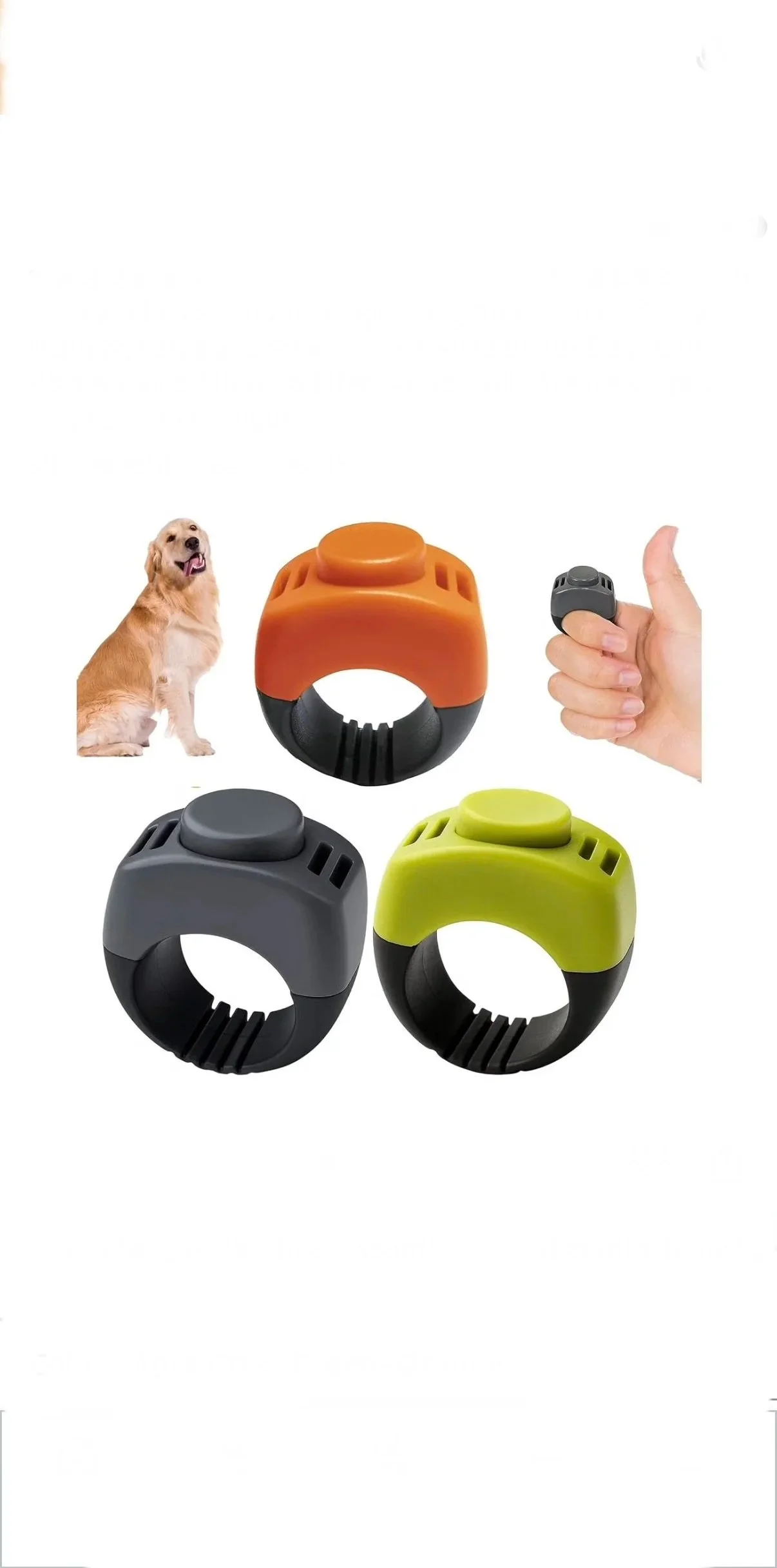 A collection of four colorful dog bark control collars in orange, gray, yellow, and black. A dog and a hand holding a remote control are also visible in the image.