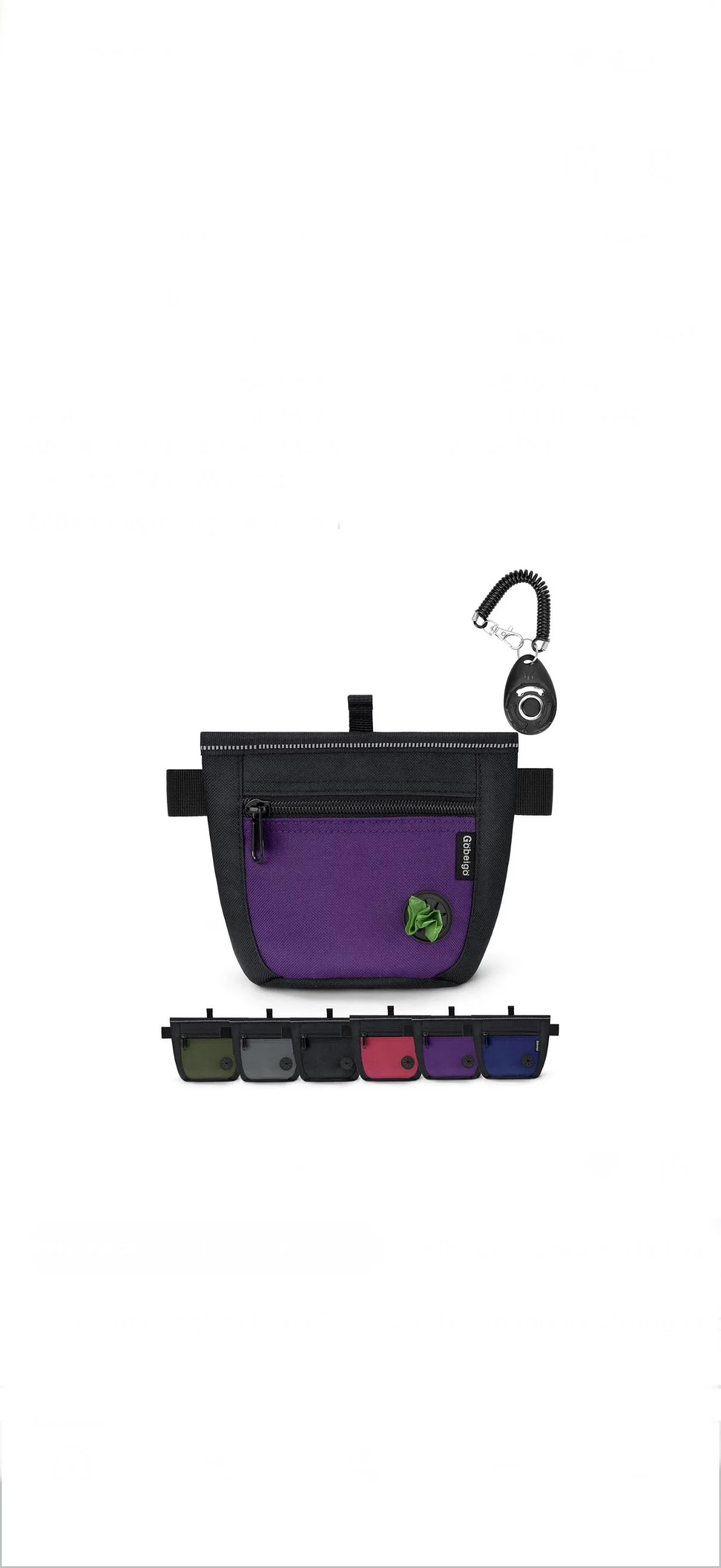 A purple and black Gibbler bicycle phone bag with a green logo, a zipper pocket, a small black attachment with a coiled cord and clip, and five additional color button clips in green, gray, black, pink, purple, and blue.