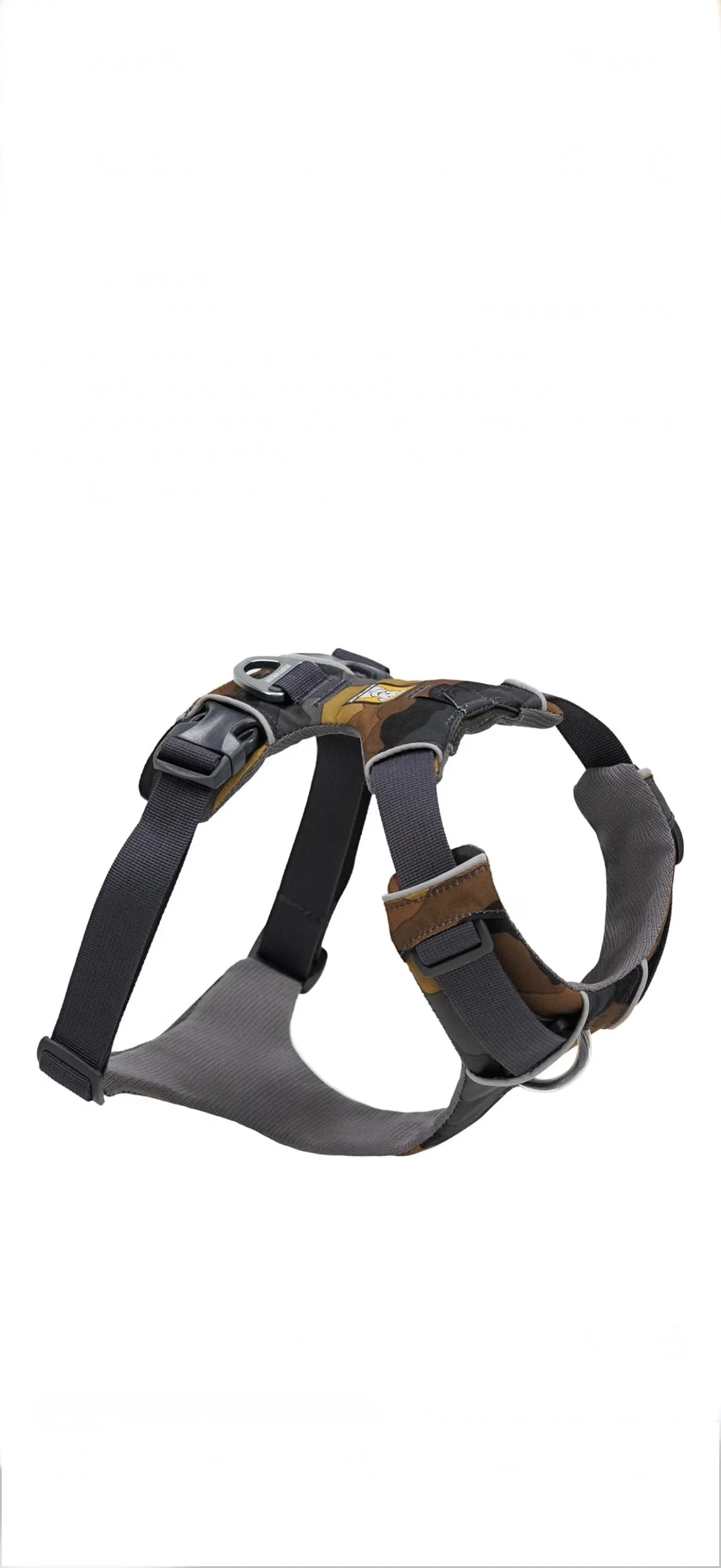Camouflage-colored dog harness with black, gray, and brown straps, metal rings, and plastic buckles.