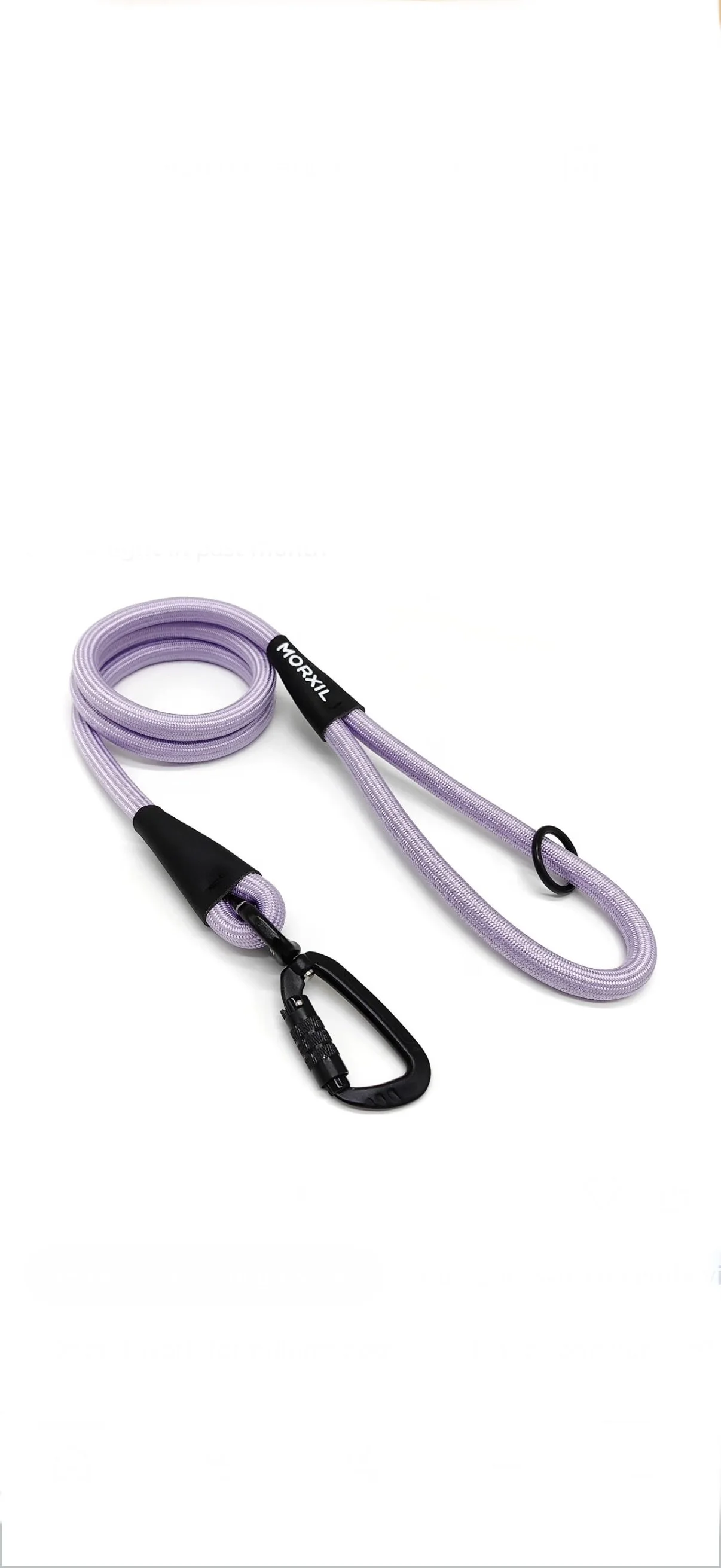 A purple, woven fabric dog leash with a black metal clip and a black carabiner, branded with 'MORXIL'.