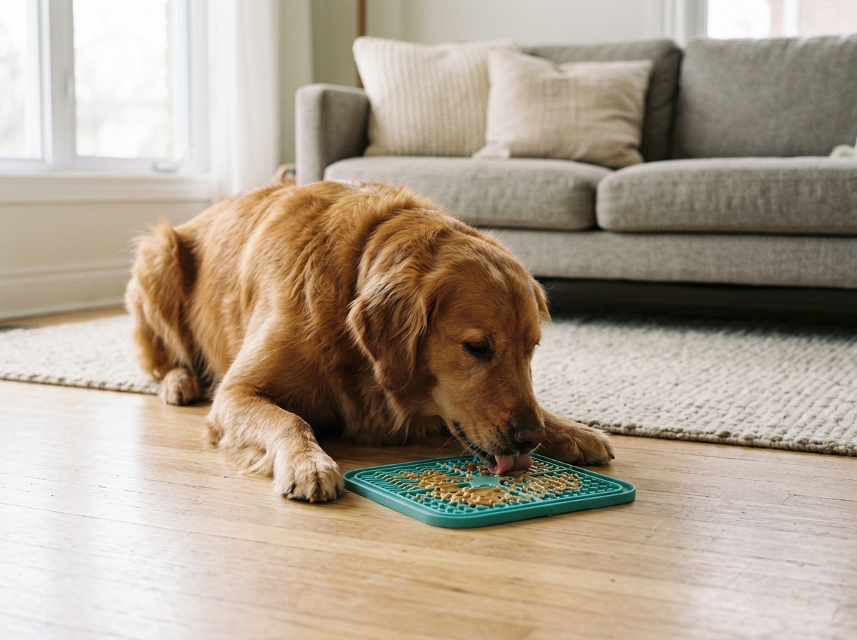 Golden retriever eating from a silicone puzzle feeder on a wooden floor in a living room.