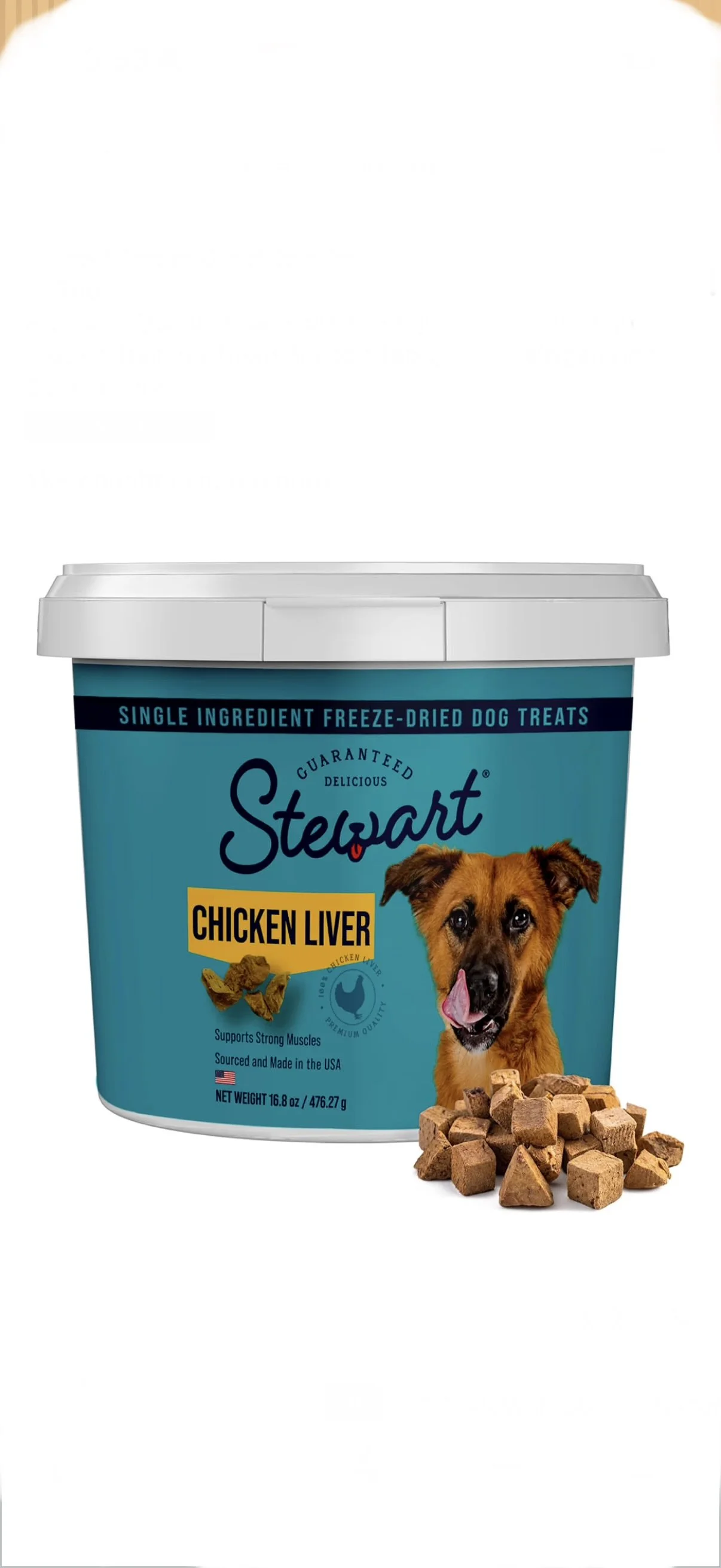 A container of Stewart chicken liver dog treats with a picture of a dog licking its nose on the front, along with some treats scattered in front of the container.