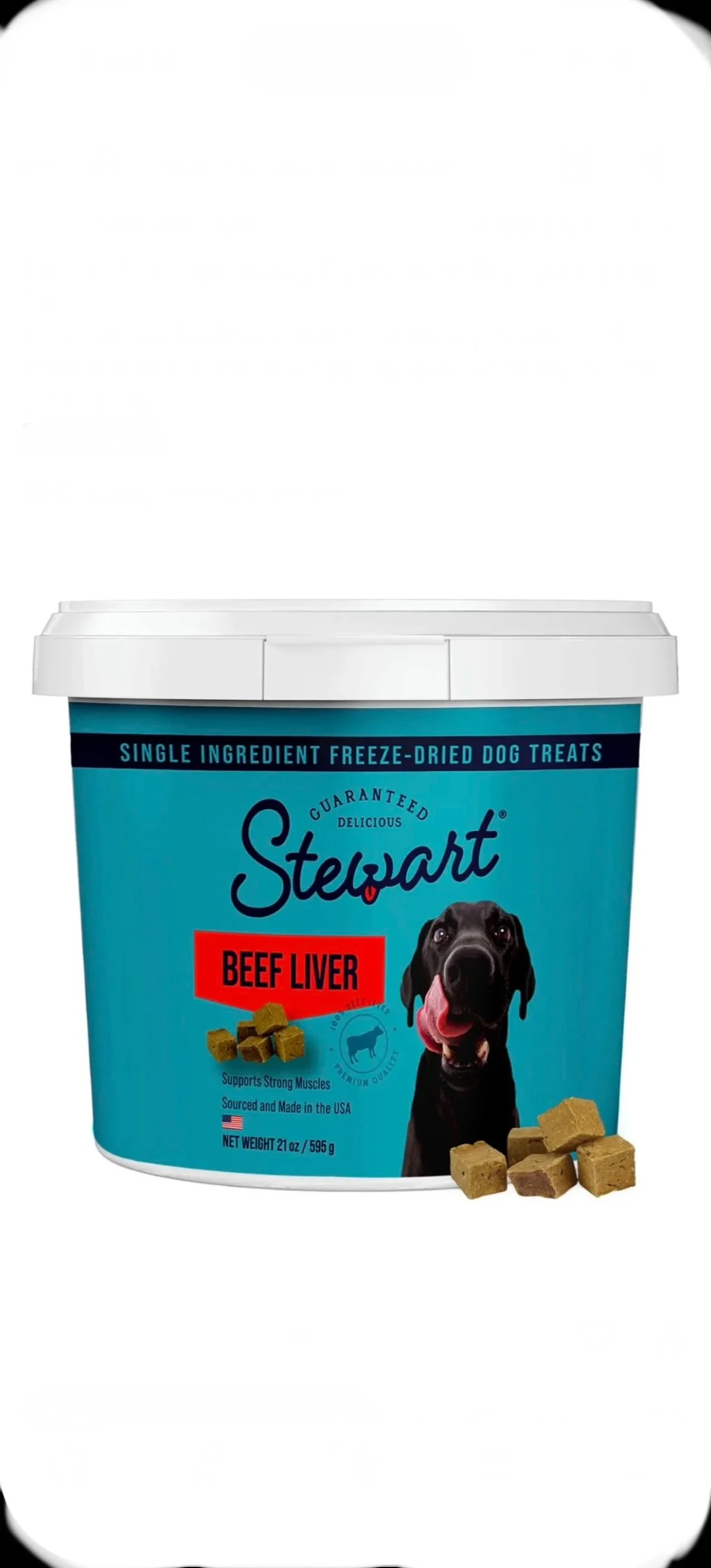 Container of Stewart single ingredient freeze-dried dog treats, flavor beef liver, with a picture of a happy black dog, and some treats outside the container.
