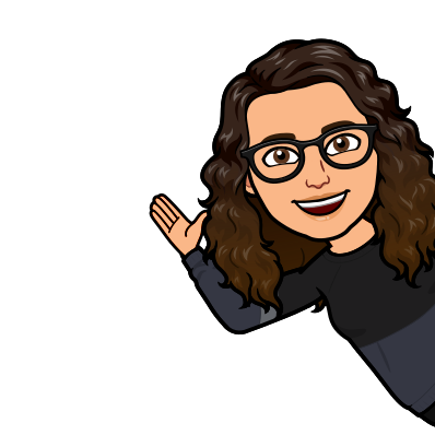 An avatar of a smiling woman with curly brown hair, glasses, wearing a black shirt, waving.