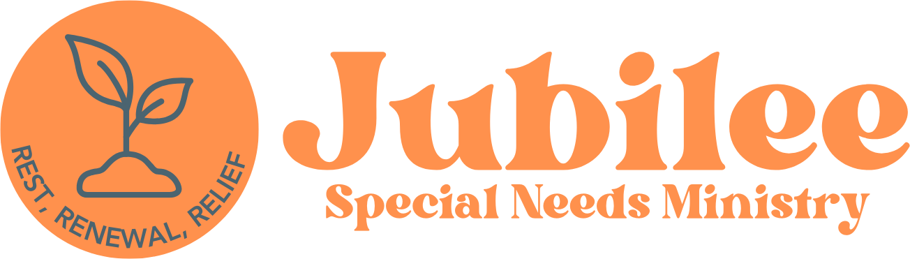 Logo for Jubilee Special Needs Ministry featuring a stylized plant inside a circle with the words 'Resist, Renewal, Relief' around it, and the ministry's name 'Jubilee Special Needs Ministry' to the right.