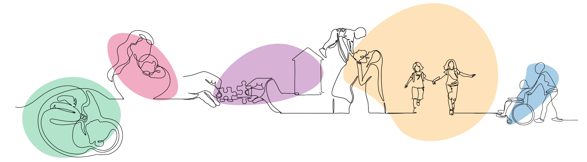 Line drawing of various people, some holding hands, a person sitting in a wheelchair, and others walking, with colorful overlapping circles in green, pink, purple, orange, and blue behind them.