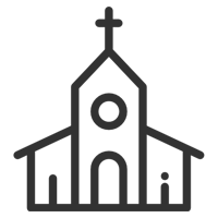 Outline drawing of a church with a cross on top and two smaller structures on either side.