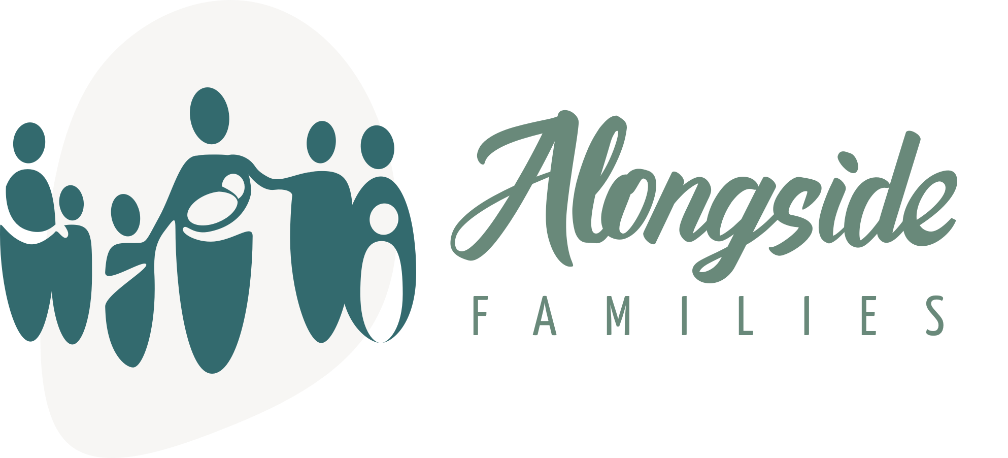 Logo for Alsop Family, featuring stylized teal family members with one person handing a child to another, and the word 'Alsop' in cursive font with 'FAMILIES' below.