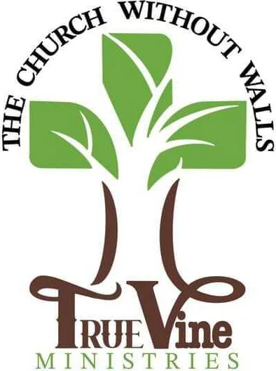 Logo for The Church Without Walls featuring a stylized tree with green leaves and brown roots, with the words "TRUE VINE MINISTRIES" underneath and the church name encircling the top.