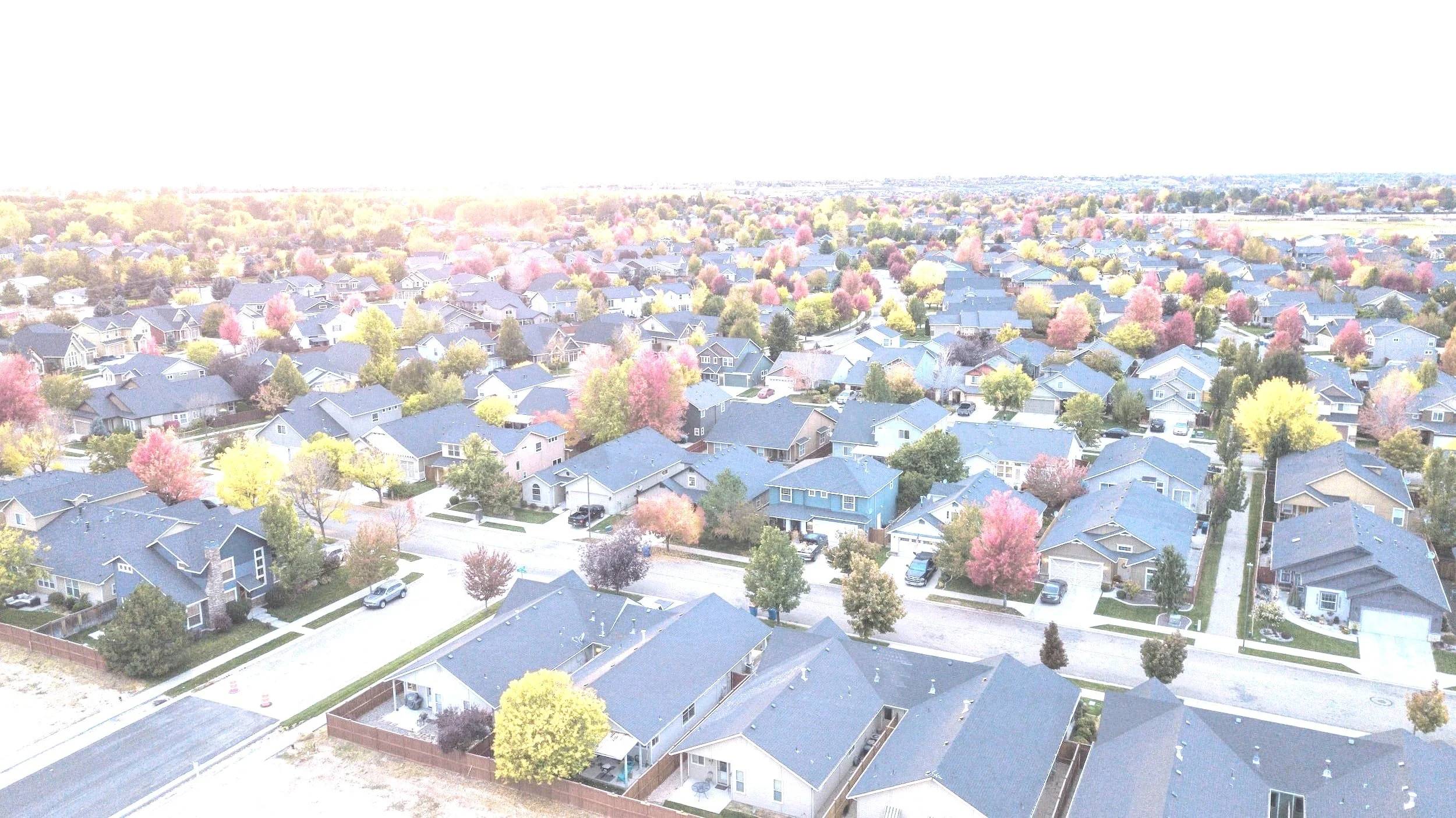 Aerial view of a suburban neighborhood with rows of houses, trees with colorful spring foliage, and streets.