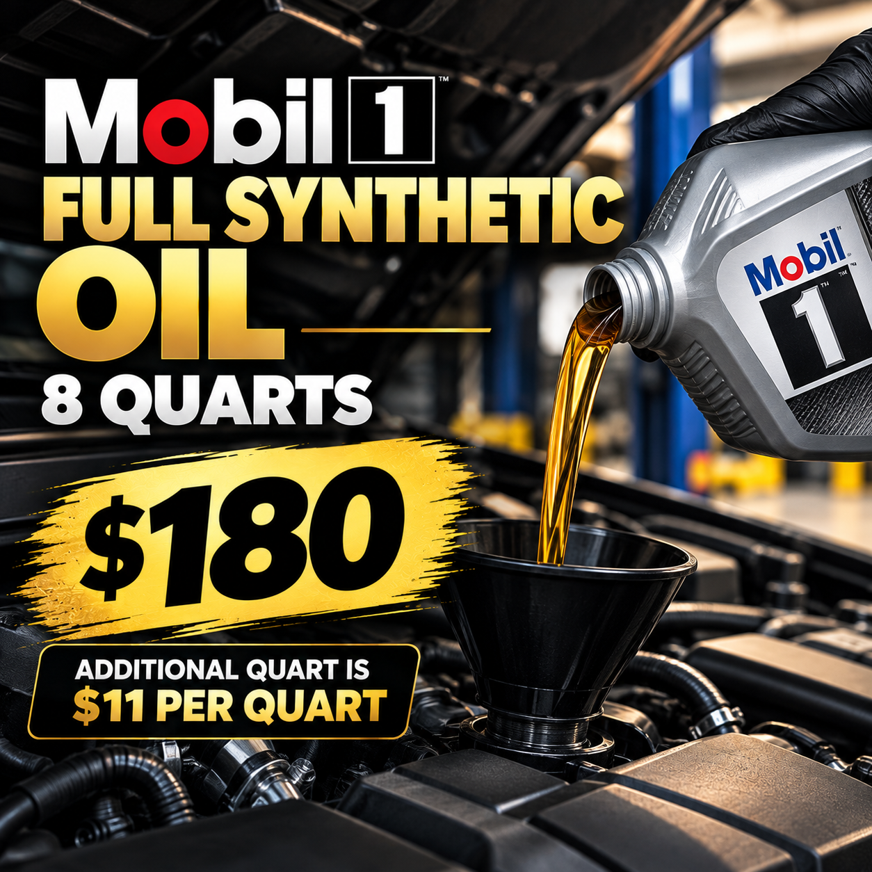 Mobil 1 Full full synthetic oil  8 quarts - $180 (additnal quart is $11 per quart)