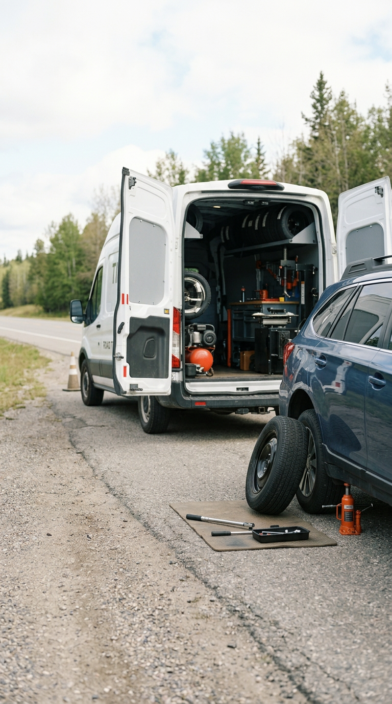 A roadside repair scene with a white vehicle's back doors open, revealing tools and equipment inside, and a blue car with a spare tire and jack nearby on a mat on the ground.